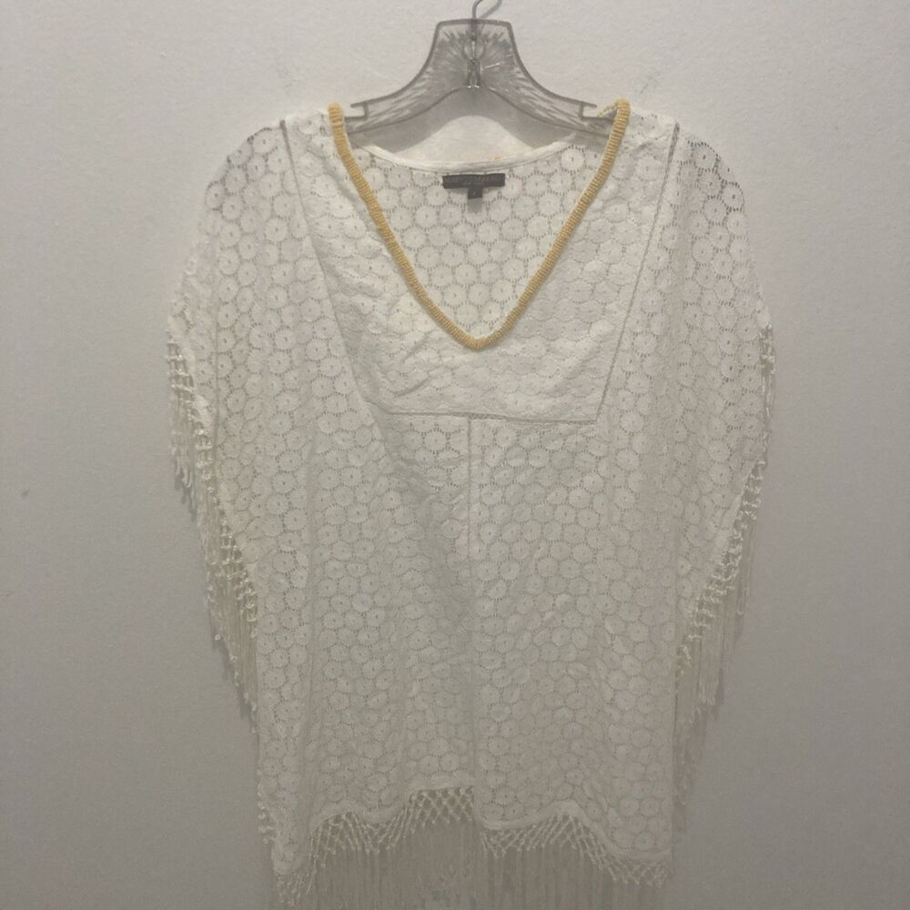 Alberto Makali White Yellow Seed Beads Geometric Lace V-neck Fringe Boxy Top L
